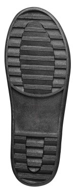 Ayakkabı tabanı, siyah kauçuk desenli ve beyaz arka planda izole edilmiş, çekiş ve tutunma için ayakkabı tabanının alt yüzeyi.