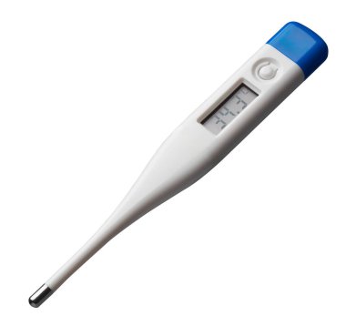 modern dijital termometre, ısıyı doğru ölçmek ve okumaları dijital olarak görüntülemek için kullanılan elektronik cihaz, gölgeler olmadan beyaz arkaplanda izole edilmiş taklit şablon