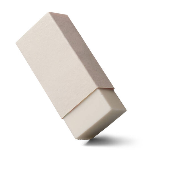 rubber eraser isolated white background, traditional rectangular shaped block eraser made from natural rubber, stationery school supplies mock-up template
