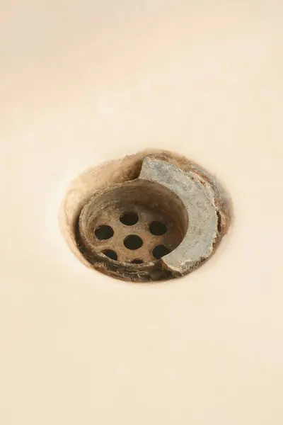 旧的破烂不堪的浴室水池排水网孔特写 生锈的限量池或浴缸排水 清洁修理浴室设备的概念 隔离背景与复制空间 图库照片
