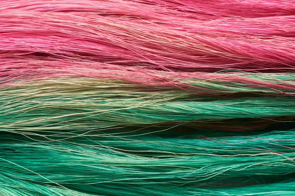 彩色椰壳纤维或椰子皮的特写 传统染色工艺提取椰子外皮中具有重要商业价值的天然纤维 背景质感背景 免版税图库照片