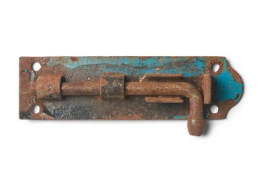 old rusty tower bolt hinge and lock isolated white background in close-up view, corroded door, window or gate locking hardware clipart