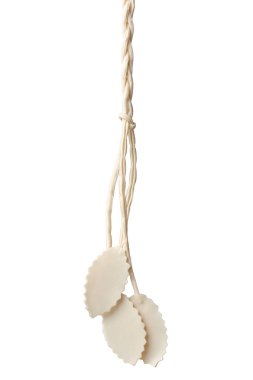 Yaprak şekilli boş etiket etiketleri örülmüş ip dizgisinde izole edilmiş beyaz arkaplan, açık bej renk kodu tasarım için boş model şablonu