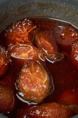 Ambarella ya da Haziran eriği reçeli ya da reçel yakın plan, tropikal tatlı aromalı tatlı yumuşak odaklı tatlı