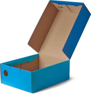 Açık mavi dikdörtgen karton kutunun ya da boş ayakkabı kutusunun yakın plan görüntüsü izole edilmiş beyaz arkaplan, bir tarafta küçük delik, model şablon