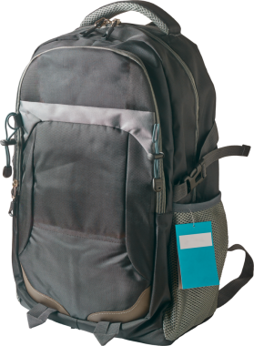 Çok sayıda cebi, kayışı ve boş etiketi olan koyu renkli büyük bir sırt çantası. Seyahat, iş, okul ya da açık hava aktivitelerinde kullanılan suya dayanıklı malzemeden yapılmış beyaz bir arka plan.