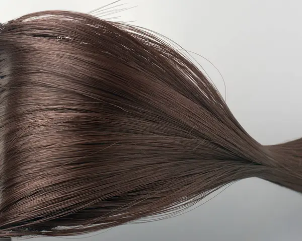 Koyu kahverengi saçın yakın plan çekimleri gri arka plan, doğal düz şekil ve saç eklentisi.