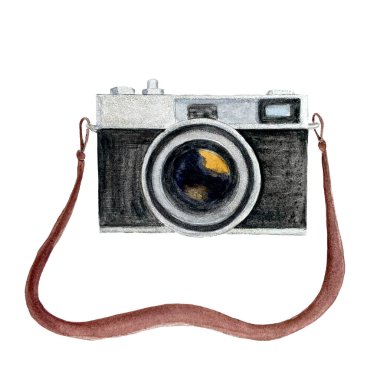 Suluboya el yapımı eski model kamera. Beyaz arka planda izole edilmiş yüksek kalite illüstrasyon. Seyahat, retro tasarım. Dekor, kartlar, afişler, reklamlar, davetiyeler ve tur rehberleri için büyük başarı.