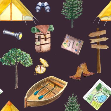 Kahverengi arka planda elle boyanmış suluboya kamp deseni. Açık hava turizm sembolleri. Yüksek kalite çizim. Paketleme ve duvar kağıdı, seyahat acenteleri, kartlar, kapaklar, davetiyeler ve rehberler