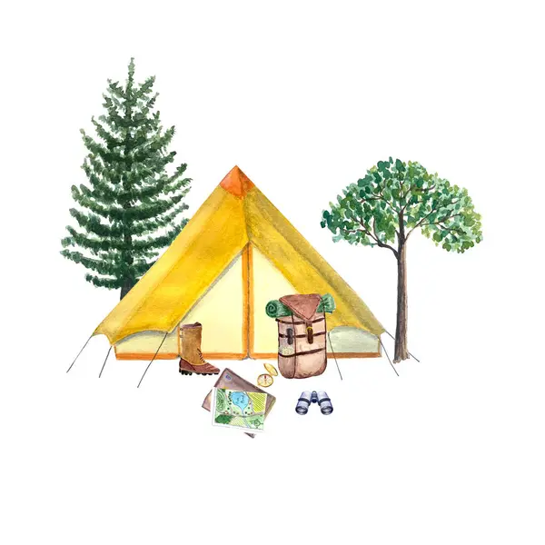 Elle boyanmış suluboya, beyaza izole edilmiş sarı çadır bileşimi. Turizm, seyahat, kamp, yürüyüş tasarımı. Tırman. Kartlar, pankartlar, reklamlar, davetiyeler, rehberler için yüksek kaliteli illüstrasyon.