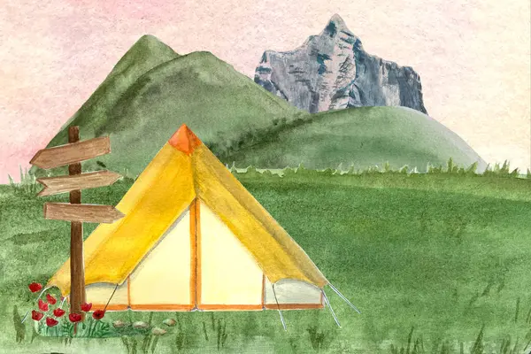 Watercolor hand painted camping mountain sunrise sunset scenery on peach background. Wooden signpost, poppies, yellow tent. High quality illustration for cards, packages, invitations, guides design