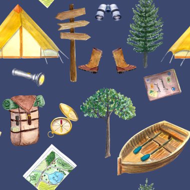 Suluboya el boyası, arka planda kusursuz kamp deseni çizmiş. Macera yürüyüşü sembolleri. Duvar kağıdı, ambalaj kağıdı, kartlar, kapaklar, davetiyeler, rehberler için yüksek kaliteli illüstrasyon.