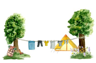 Suluboya el boyası, çamaşır ipi üzerine kurutucu giysiler, beyaza izole edilmiş sarı çadır bileşimi. Yüksek kalite kamp, köy, kart afişleri, dekor, bant ve çıkartmalar için kırsal illüstrasyon.