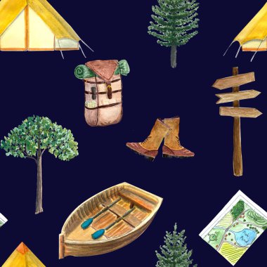 Suluboya el boyası, arka planda kusursuz kamp deseni çizmiş. Macera yürüyüşü turist sembolleri. Duvar kağıtları, seyahat acenteleri, ambalaj kağıtları, kartlar, tekstil için yüksek kaliteli illüstrasyon.