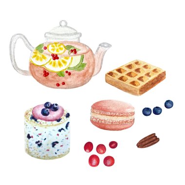 Suluboya kil çaydanlık tatlısı ve besin tasarımı için elle çizilmiş beyaz arka planda izole edilmiş böğürtlen illüstrasyonu. Çay kutusu, restoran ve kafe menüsü, doğal organik gıda, şablon etiketi, baskı