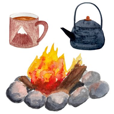 Suluboya elle boyanmış kamp seti beyaza izole edilmiş. Ateş kupası ve çaydanlık, piknik, açık hava ve tasarım. Kart afişleri, reklamlar, davetiyeler, rehberler, bant etiketleri için yüksek kaliteli illüstrasyon.