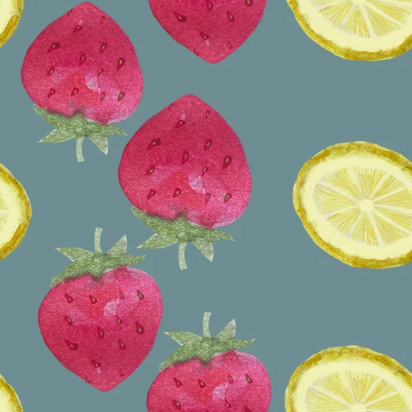 Watercolor strawberry and lemon pattern isolated on white background, hand drawn for food design. Packages, wrapping paper, textile, restaurant cafe menu, natural organic food label, logo decor