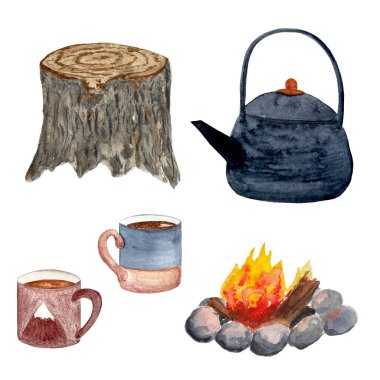 Suluboya el boyası çaydanlık seti beyaza izole edilmiş. Şenlik ateşi kupaları ağaç kütüğü, piknik, açık hava. Kart afişleri, davetiyeler, rehberler, bant ve çıkartmalar için yüksek kaliteli illüstrasyon tasarım ve dekor