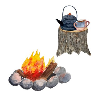 Suluboya el boyası çaydanlık seti beyaza izole edilmiş. Şenlik ateşi kupaları ağaç kütüğü, piknik, açık hava. Kart afişleri, davetiyeler, rehberler, bant ve çıkartmalar için yüksek kaliteli illüstrasyon tasarım ve dekor