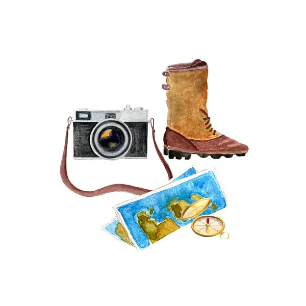 Watercolor hand painted vintage camera, map compass boots. High quality illustration isolated on white background.Travel, retro design. Great for cards, packaging, invitations and tour guides.