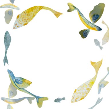 Elle çizilmiş suluboya altın uçan balıklar beyaza izole edilmiş çelenkler. Not defterleri, yapıştırma defterleri, çıkartmalar, balıkçılık, kartlar, rehberler, davetiyeler, turizm, biletler, kitapçıklar için yüksek kaliteli illüstrasyon 