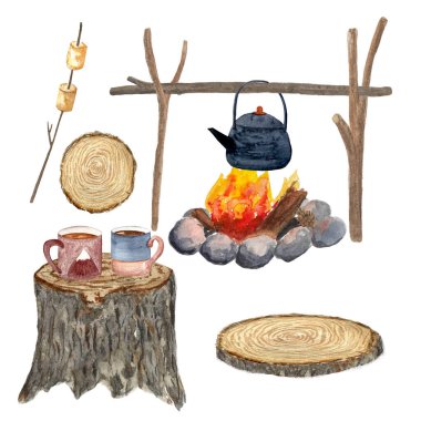 Suluboya el boyası çaydanlık seti beyaza izole edilmiş. Şenlik ateşi kupaları ağaç kütüğü, piknik, açık hava. Kart afişleri, davetiyeler, rehberler, bant ve çıkartmalar için yüksek kaliteli illüstrasyon tasarım ve dekor