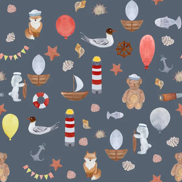 Watercolor hand-drawn sailor celebration pattern fox rabbit bear balloons on grey background. Illustration for textile, wrapping paper, cards, birthday, invitations, stickers, posters, totes design.