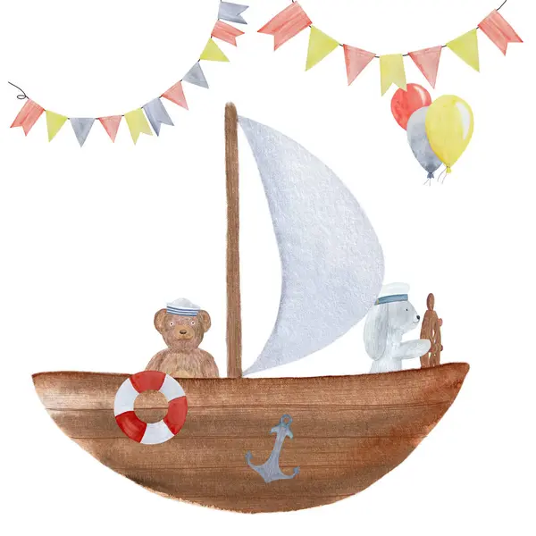 Watercolor hand-drawn sailor bear rabbit in a boat card isolated on white. High quality illustration for cards, birthday, celebrations, invitations, stickers, totes, packages, posters, handbags design