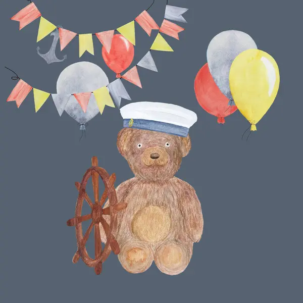Watercolor hand-drawn sailor bear card with balloons on grey. High quality illustration for notebooks, cards, birthday, celebrations, invitations, stickers, totes, packages, posters, handbags design.