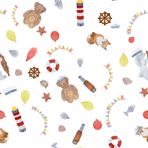 Watercolor hand-drawn sailor celebration pattern fox rabbit bear balloons isolated on white. Illustration for textile, wrapping paper, cards, birthday, invitations, stickers, posters, totes design.