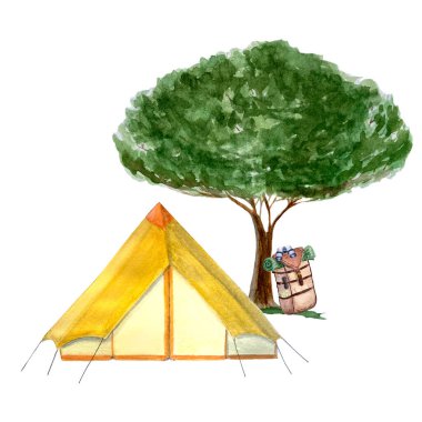Suluboya elle boyanmış yürüyüş kompozisyonu beyaza izole edilmiş. Ağaç sarısı çadır kamp, açık hava ve tasarım. Kartlar, pankartlar, reklamlar, davetiyeler, rehberler için yüksek kaliteli illüstrasyon.