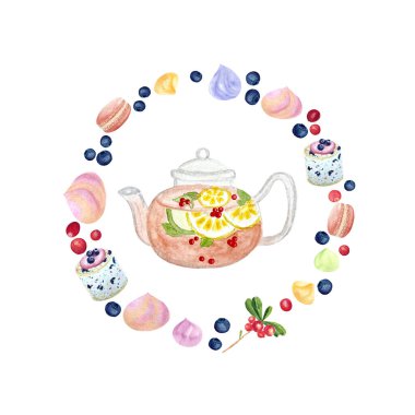 Suluboya kil çaydanlık ve tatlı kompozisyonu beyazı izole eder, besin tasarımı için elle çizilir. Çay kutusu, restoran ve kafe menüsü, doğal organik gıda, şablon etiketi, baskı, logo ve paketler.