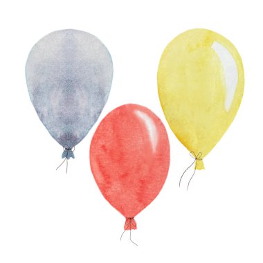 Suluboya el yapımı balon seti beyaza izole edilmiş. Not defterleri, kartlar, doğum günü, kutlama rehberleri, çıkartmalar, paketler, posterler için yüksek kaliteli kırmızı ve gri balonlar.