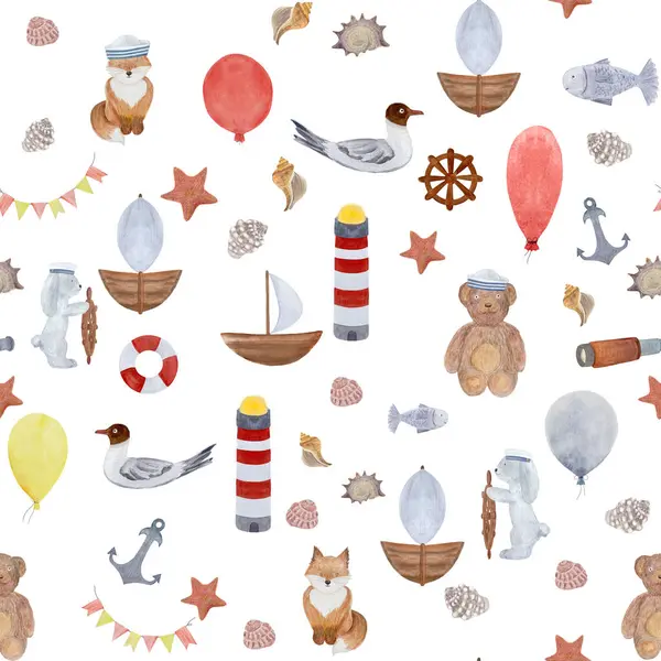 Watercolor hand-drawn sailor celebration pattern fox rabbit bear balloons isolated on white. Illustration for textile, wrapping paper, cards, birthday, invitations, stickers, posters, totes design.