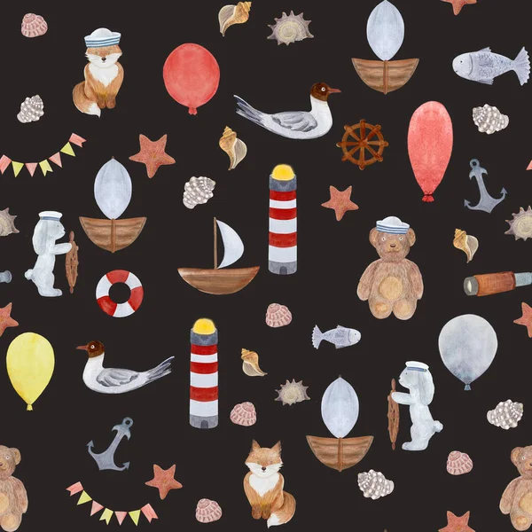 Watercolor hand-drawn sailor celebration pattern fox rabbit bear balloons on black. Illustration for textile, wrapping paper, cards, birthday, invitations, stickers, posters, totes design.