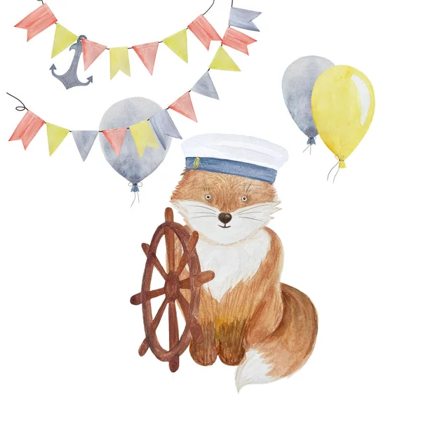 Watercolor hand-drawn sailor fox card with balloons on white. High quality illustration for notebooks, cards, birthday, celebrations, invitations, stickers, totes, packages, posters, handbags design.