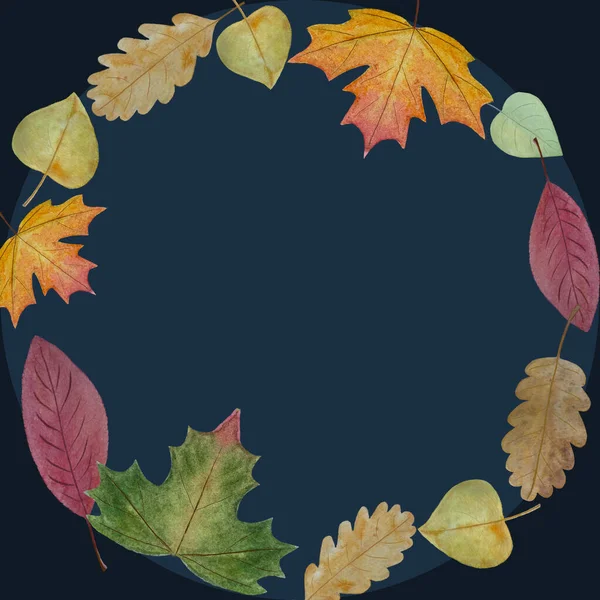 Watercolor hand painted wreath with autumn leaves. Maple, oak, beech, linden leaf illustration on dark blue background. High quality art for posters, notebooks, cards, pillows, moody, autumn design.