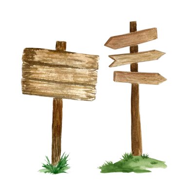 Suluboya elle boyanmış ahşap tabelalar beyaza izole edilmiş. Turizm, seyahat, yürüyüş tasarımı. Tırman. Kartlar, pankartlar, reklamlar, davetiyeler, rehberler için yüksek kaliteli illüstrasyon.