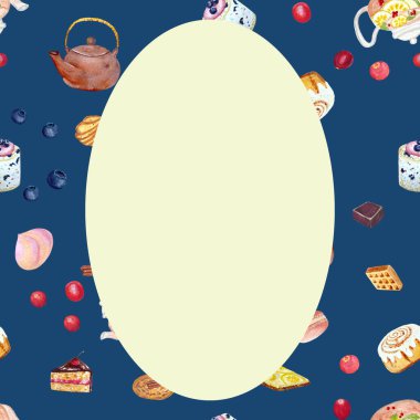 Suluboya çaydanlıklar, böğürtlenler ve fırınlanmış tatlı kartları mavi arka planda desenli, yiyecek tasarımı için elle çizilmiş. Posterler, kartlar, davetiyeler, restoran ve kafe menüsü, çıkartma, kaset ve paketler.