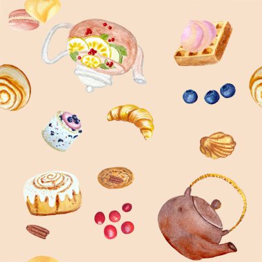 Suluboya çaydanlıklar ve tatlılar hafif karamelli arka planda kusursuz desenler, elle çizilmiş gıda tasarımı. Paket kağıdı, restoran ve kafe menüsü, posterler, duvar kağıdı, baskı, logo, paket dekorasyonu