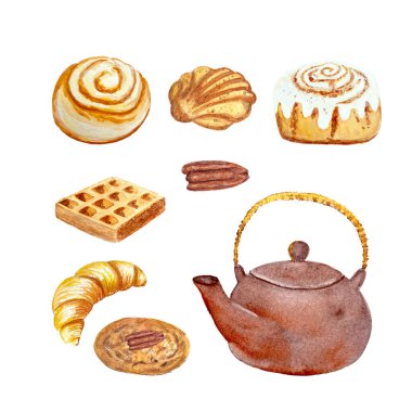 Suluboya kil çaydanlık ve tatlılar beyaz arka planda izole edilmiş, yiyecek tasarımı için elle çizilmiş. Çay kutusu, restoran ve kafe menüsü, doğal organik gıda, şablon etiketi, baskı, logo ve paketler.