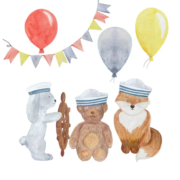 Watercolor hand-drawn sailor bear fox rabbit celebration set isolated on white. High quality illustration for cards, birthday celebrations, invitations, stickers, tape, posters, totes decor and design