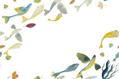 Elle çizilmiş suluboya altın rengi uçan balıklar beyazı izole etmiş kusursuz afişler. Not defterleri, sertifikalar, duvar kağıtları, kartlar, rehberler, turizm, biletler, broşürler, davetiyeler için yüksek kaliteli illüstrasyon