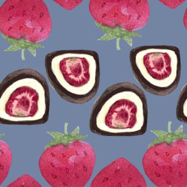 Suluboya çilek, gri arka planda çikolata deseni, yemek tasarımı için el çizimi. Paketler, ambalaj kağıtları, posterler, tekstil, restoran, kafe menüsü, doğal organik gıda etiketi, logo ve dekor.