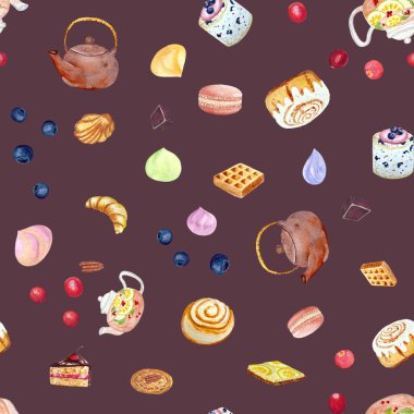 Suluboya çaydanlıklar ve tatlılar patlıcan arka planında kusursuz desenler, yiyecek tasarımı için elle çizilmiş. Paket kağıdı, restoran ve kafe menüsü, poster, duvar kağıdı, baskı, bant ve paketler.