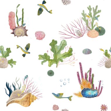 Suluboya el yapımı sualtı deniz dikişsiz deseni beyaza izole edilmiş. Dekorasyon, not defteri, yapıştırma kitabı, ambalaj kağıdı, duvar kağıdı, kart, tekstil, dalış reklamları tasarımı için yüksek kalite illüstrasyon
