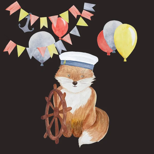 Watercolor hand-drawn sailor fox card with balloons on dark. High quality illustration for notebooks, cards, birthday, celebrations, invitations, stickers, totes, packages, posters, handbags design.
