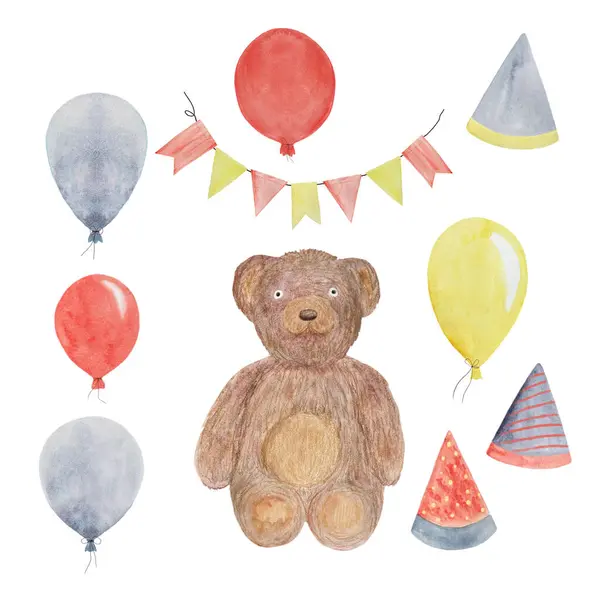 Watercolor hand-drawn bear hats balloons isolated on white. High quality illustration for notebooks, cards, birthday, celebrations, party invitations, stickers, tape, packages, posters, totes design