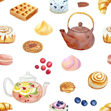 Suluboya çaydanlıklar ve tatlılar beyaz arka planda izole edilmiş, yiyecek tasarımı için elle çizilmiş. Paket kağıdı, restoran ve kafe menüsü, poster, duvar kağıdı, baskı, logo ve paketler.