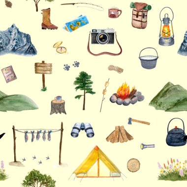 Sarı arka planda izole edilmiş, elle boyanmış, pürüzsüz desen. Açık hava yürüyüşü sembolleri. Tasarım için yüksek kalite illüstrasyon. Duvar kağıdı, seyahat acenteleri, tekstil, davetiye rehberleri